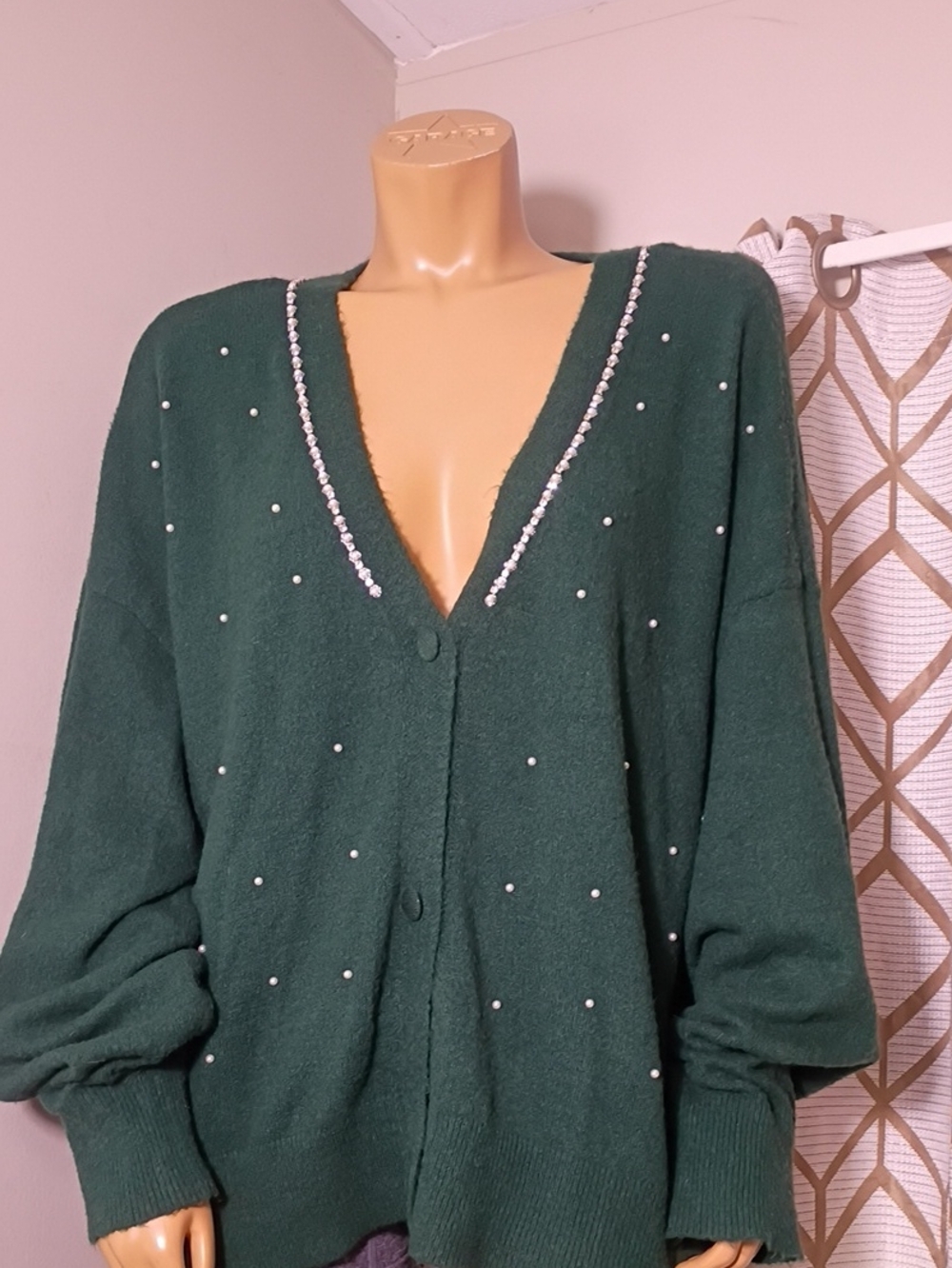 Dark Green Pearl-Trim V-Neck Sweater Cardigan